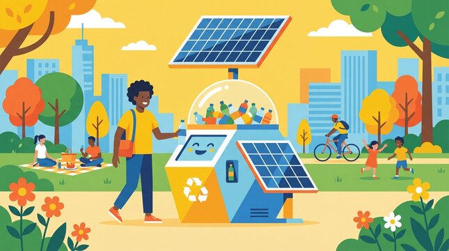 african american man putting plastic bottle into smart solar powered recycling bin in city park. green technology and sustainable ecology concept. banner, website header with copyspace.