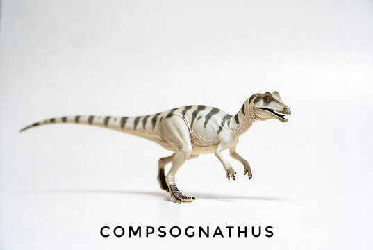 A Compsognathus dinosaur figurine is displayed on a white background with the word "COMPSONGATHUS" below it.