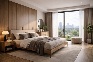 Fototapeta premium Chic bedroom design in a modern apartment showcasing wooden wardrobe and bed by window