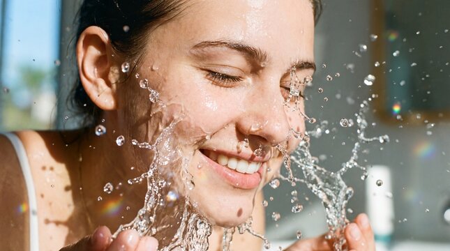 smiling caucasian woman splashing fresh water on her face in sunny bathroom. morning skincare routine, beauty and hydration concept. banner, website header, cosmetic blog, health magazine.