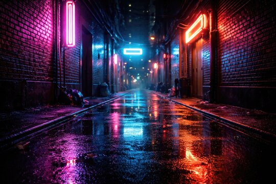 Brilliant neon illumination on brickwork and damp asphalt reflecting urban cyberpunk environment copy space