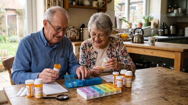 Managing Medications: An elderly couple carefully organizes their daily medications, demonstrating responsible healthcare and commitment to their well-being.