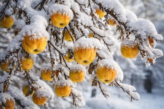 Beautiful winter view of apple tree branches covered with snow and yellow fruit