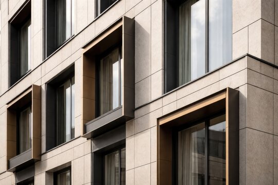 Architectural detail of ventilated facade in neutral tones with window accents