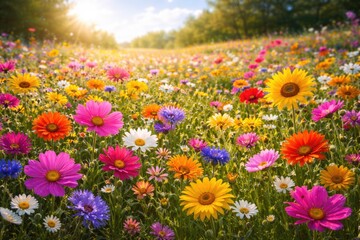 Obraz premium Cheerful blooming flowers spreading color across a sunny lush field