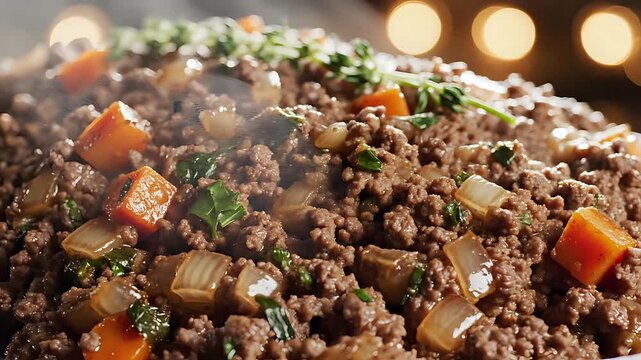 Closeup of steaming ground beef mixture with carrots and herbs.