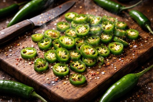Birds eye view of a wooden board displaying thin cuts of serrano pepper and their spicy fragrance