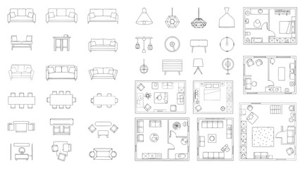 Set of furniture icons and floor plan layouts for interior design projects © Siam