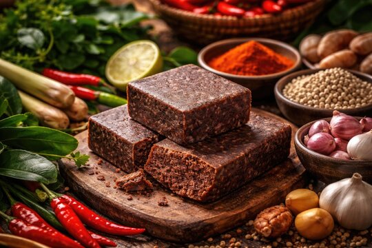 Close up of Indonesian shrimp paste terasi alongside diverse market spices and fresh herbs