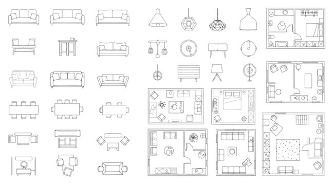 Set of furniture icons and floor plan layouts for interior design projects