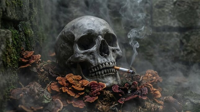 A hauntingly beautiful image of a human skull adorned with autumn leaves and a lit cigarette evoking mortality and decay