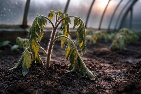 Early planted tomato plant wilting due to insufficient greenhouse acclimation and cold stress
