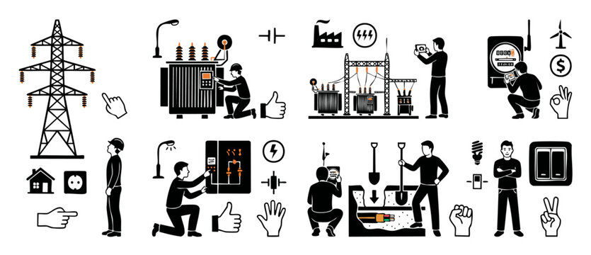Electrical Engineering Technician Icons Set, Power Infrastructure Maintenance, Grid Systems Inspection, Utility Worker Repair Service, Energy Industry Vector Graphic Elements, Industrial Safety Equipm