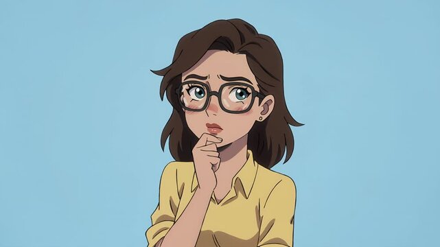 Cartoon woman thinking with glasses.