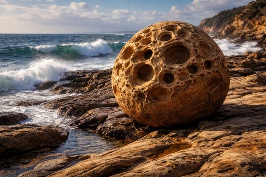 Natural sandstone concretion beside sea waves on rugged coastal shore