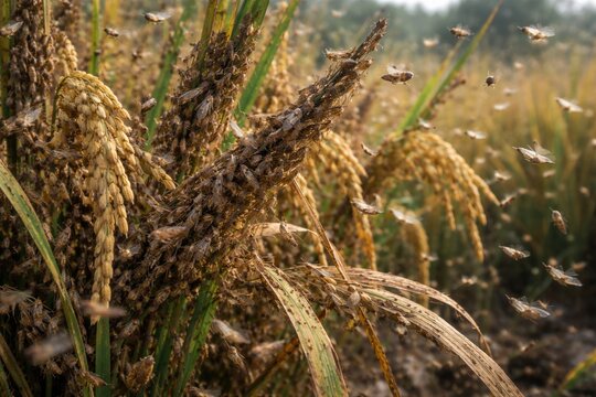 Brown planthopper swarm causing rice plant damage in paddy