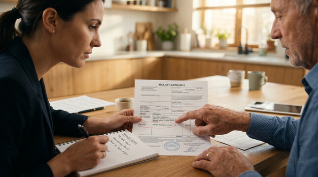 Elderly retired customs broker consulting a younger colleague at a modest kitchen table, pointing to a discrepancy on a bill of lading while training her replacement on tariff classification rules a