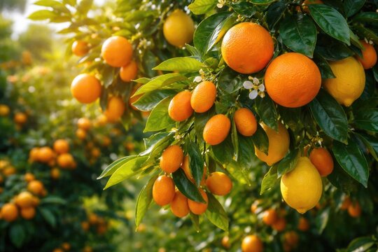 Healthy citrus and kumquat fruits growing abundantly on leafy tree limbs