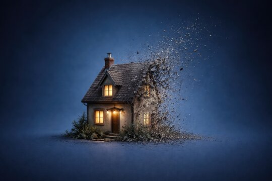 Little house dissolving against a deep blue backdrop