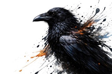 Obraz premium Dark raven profile with dynamic paint splashes isolated on white backdrop copy space