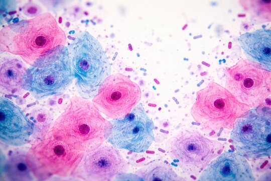 Detailed microscopic examination of squamous cells and bacteria in oral mucosa stained for study with copyspace