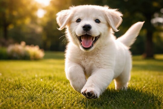 joyful white puppy frolicking with a wide grin on the lawn