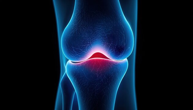 human knee joint with inflamed red cartilage highlighted.