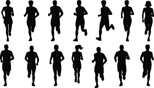 Silhouettes of Male and Female Runners in Motion on White Background vector untitled