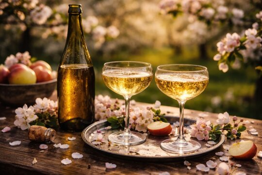 Elegant serving of hard cider with an unlabeled bottle and scattered apple blossom petals