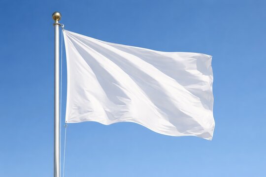 A pure white flag blowing softly under a cloudless blue sky on a white background