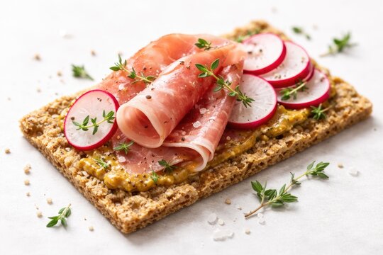 Close up of a nutritious breakfast crisp bread topped with Parma ham radish mustard sea salt and fresh thyme on white background with copy space