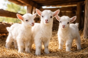 Fototapeta premium charming white goat kids posing under rustic shelter in bright natural light