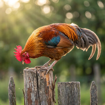 Rooster On Wooden Fence Post In Sunny Rural Farmyard Countryside Livestock Concept