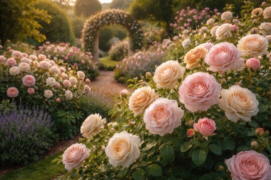 David Austins roses blossoming fully in a well tended garden