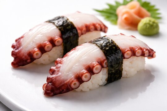 Freshly made octopus nigiri sushi elegantly displayed on a smooth white background