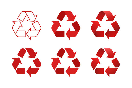 Red eco recycle symbol plastic waste, triangle triple arrow for waste sorting, outline, flat, 3D effect. Vector