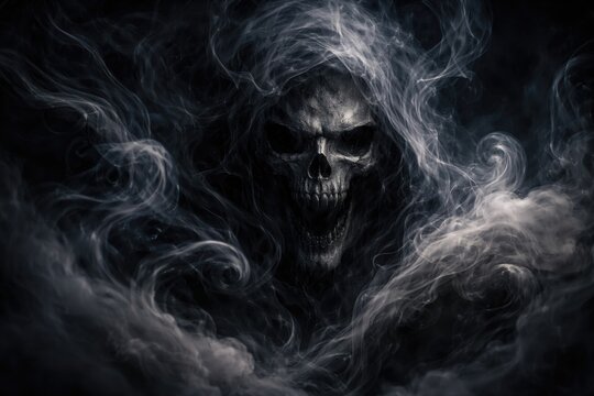 Dark skull form materializing within curling smoke tendrils