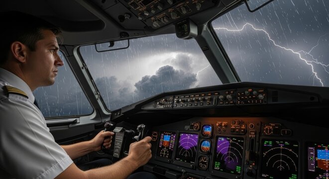 Pilot Navigates Airplane Cockpit Through Intense Storm