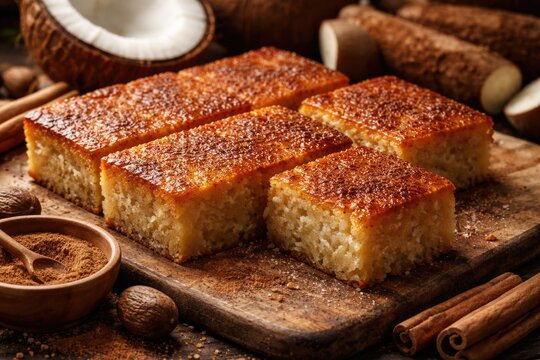 Baked cassava and coconut pone infused with cinnamon and nutmeg