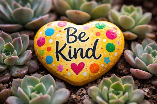Brightly colored kindness stone with inspiring text and multiple polka dots in front of a muted succulent