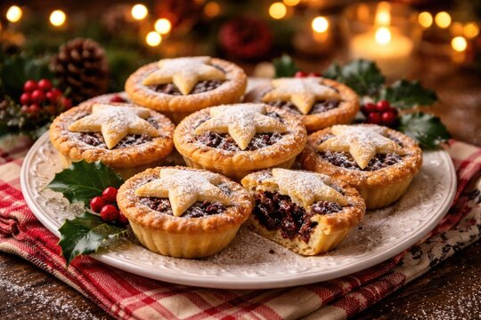 Christmas treat mince pie on white platter decorated with holly and fabric napkin with warm ambient lights