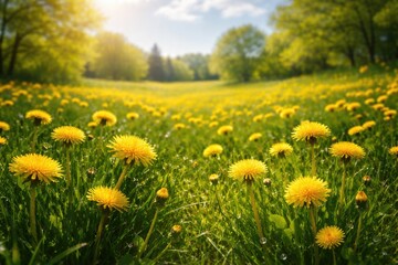 Obraz premium Fresh spring lawn covered with lively yellow dandelion blooms under bright sky