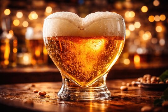 Frothy beer served in a heart shaped vessel