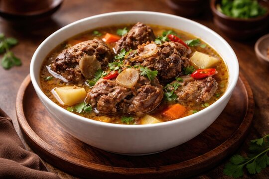 Appetizing halal oxtail soup served in white bowl atop brown wood plate with selective blur