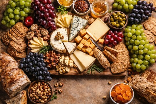 Birds eye view of a cheese tray with various grapes homemade bread and assorted crackers showing copy space
