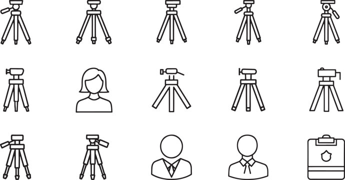 Collection of thin line depicting tripods and people camera tripod equipment camera accessory