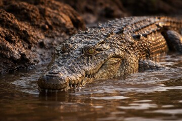 Obraz premium Close-up image of a crocodile partially submerged entering water with muddy banks