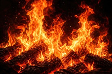 Obraz premium Detailed close up view of roaring fire flames with glowing red yellow tones