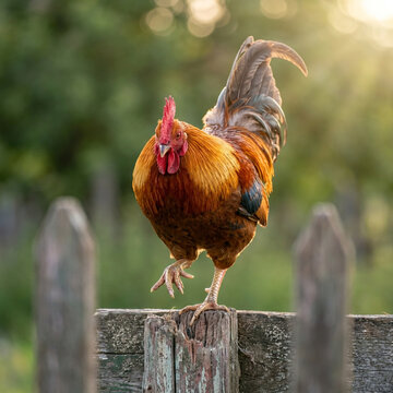 Rooster Crowing on Wooden Fence at Sunrise Countryside Farm Morning