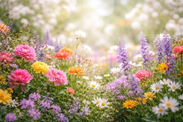 Obraz premium Garden scene featuring multicolor flower blooms against gentle white blurred background